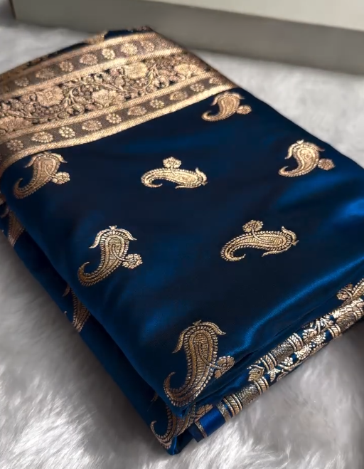 Royal Navy Blue Banarasi Silk Saree with Antique Gold Zari Motifs