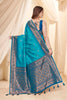Cyan Blue Soft Silk Floral Border Contrast Zari Woven Saree