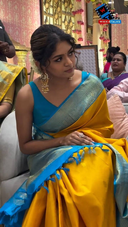 Radiant Mustard Yellow Silk Saree with Sky Blue Zari Border & Contrast Tassels