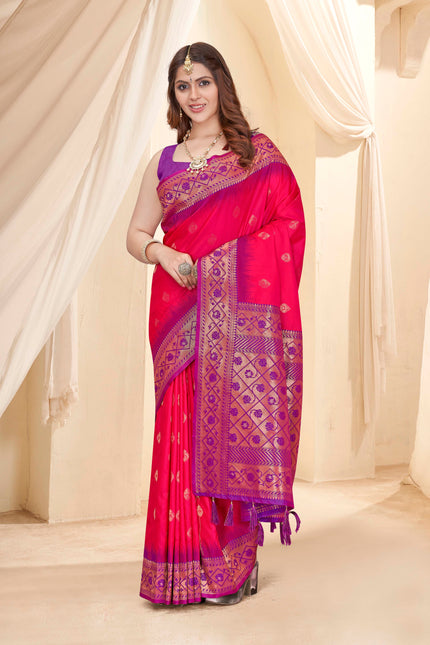 Red Soft Silk Floral Border Contrast Zari Woven Saree