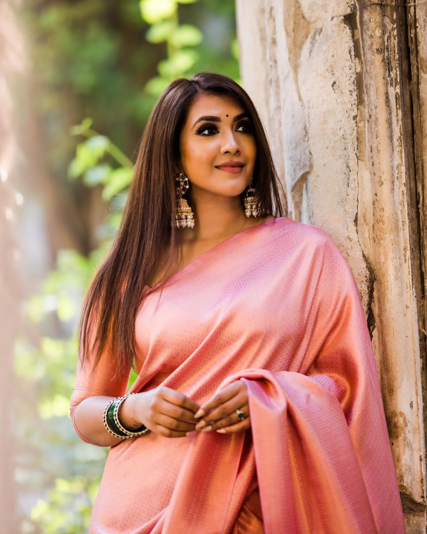 Bindu Peach Litchi Silk Saree With Attached Blouse