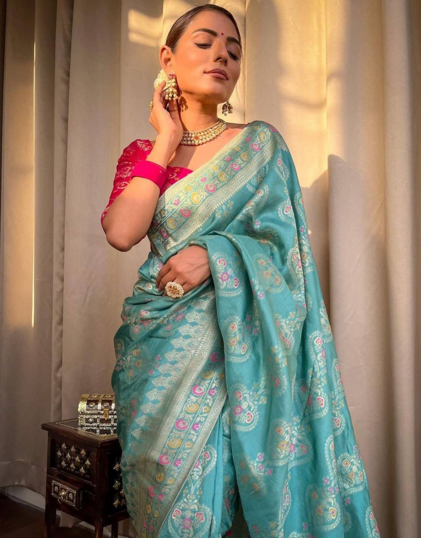 Tisha Sky Blue  Soft Banarasi Saree With Attached Blouse