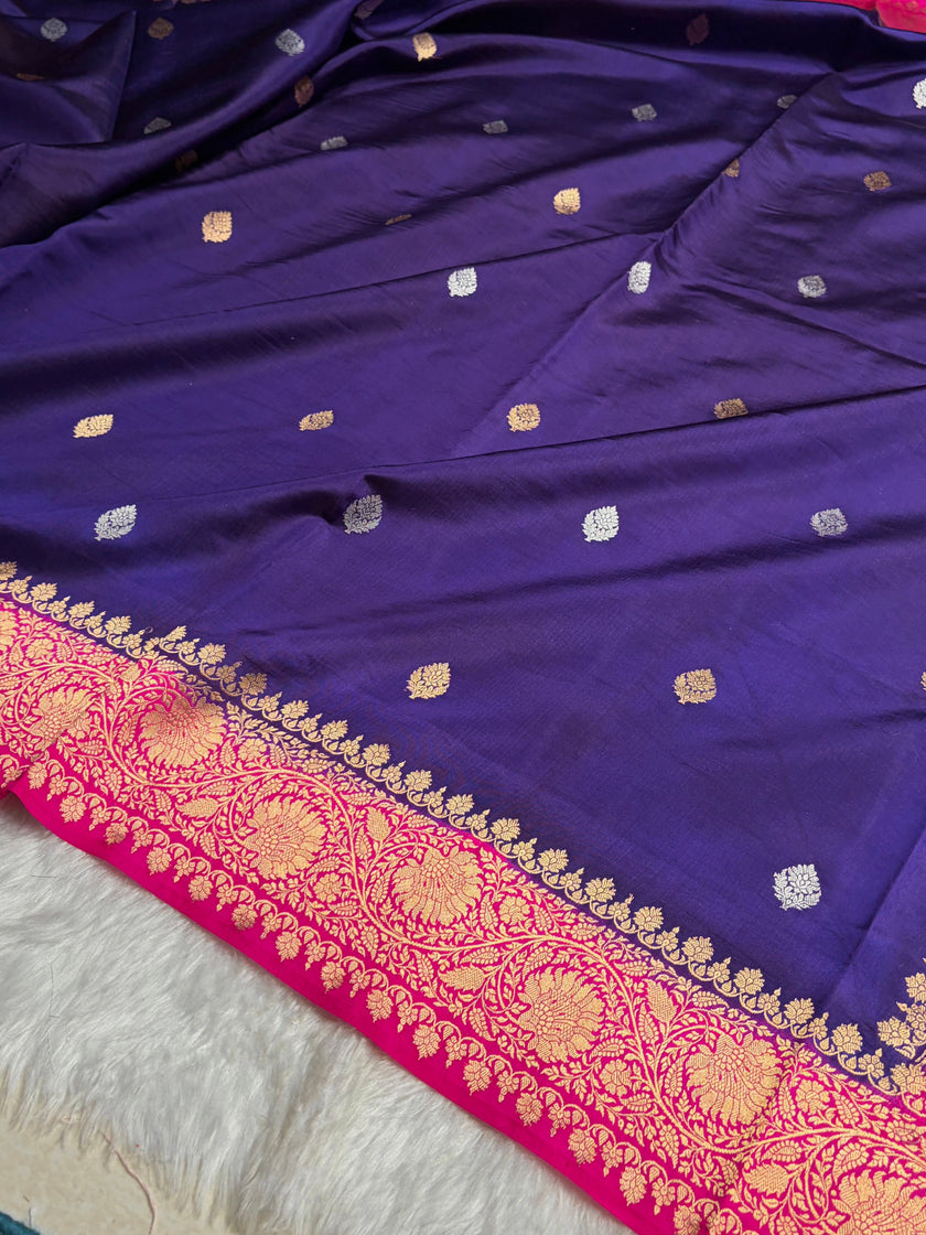 Royal Purple & Rani Pink Contrast Banarasi Silk Saree with Grand Gold Zari Border
