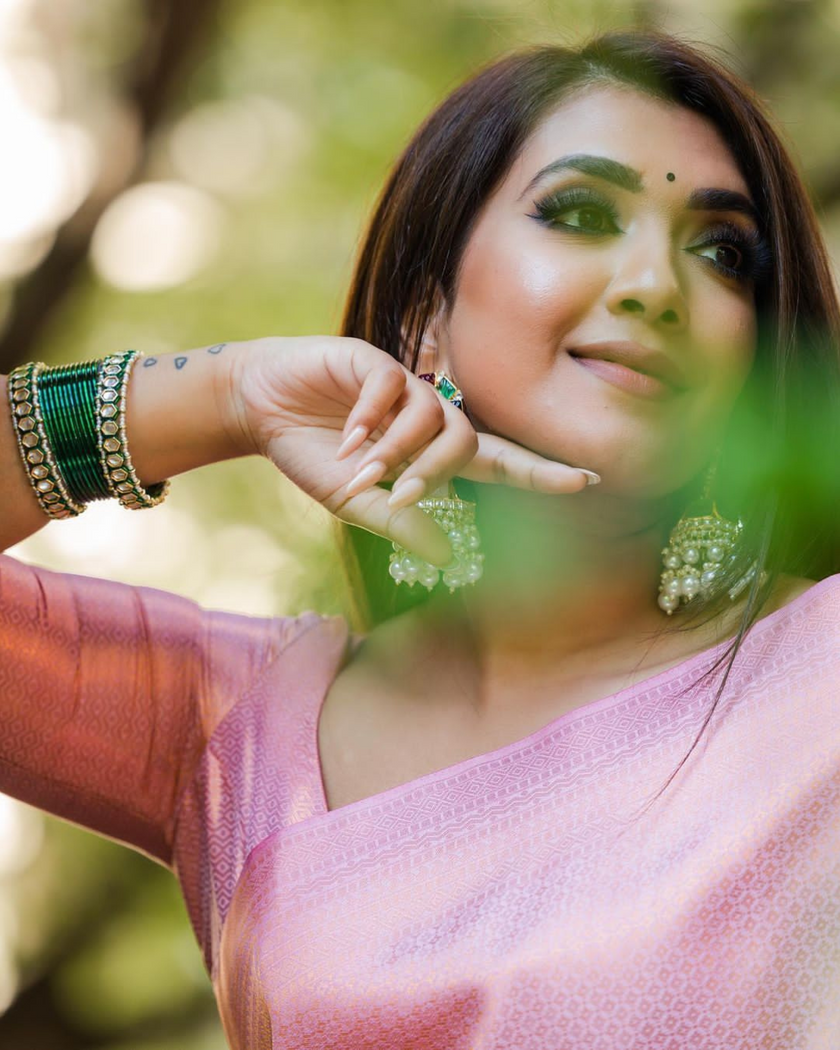 Bindu Peach Litchi Silk Saree With Attached Blouse
