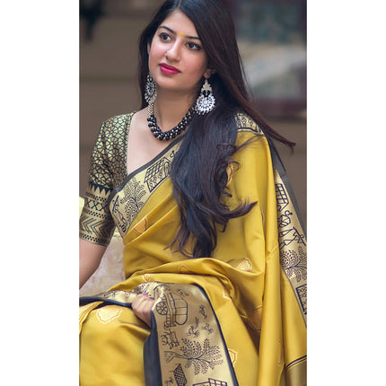 Yollew With Navy Blue Patta Soft Silk Banarsi Saree Weaving