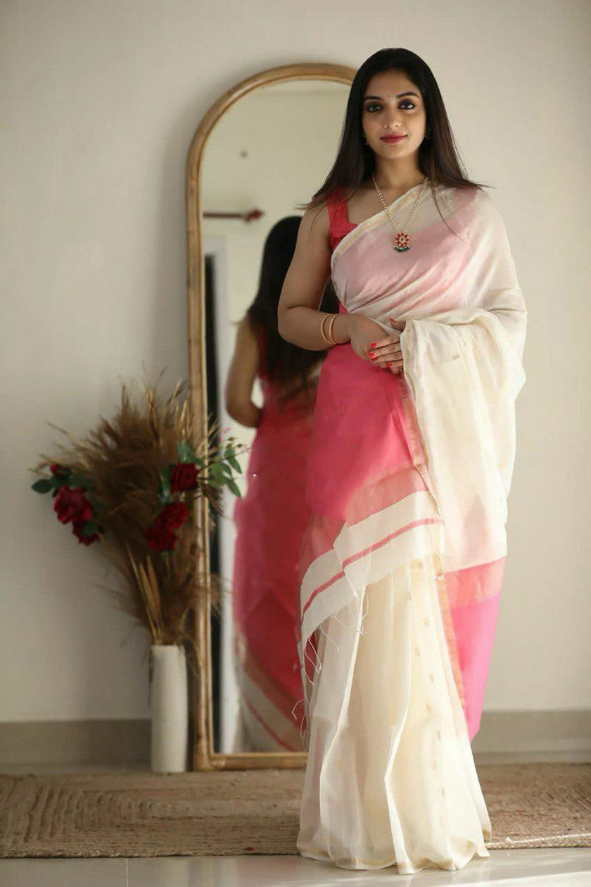 Off White Jacquard Soft Silk Saree