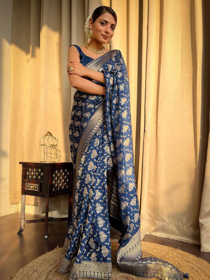 Blue Colour Pure Soft Silk Saree With Twirling Blouse Piece