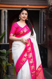 Off White And Rani Woven Silk Saree