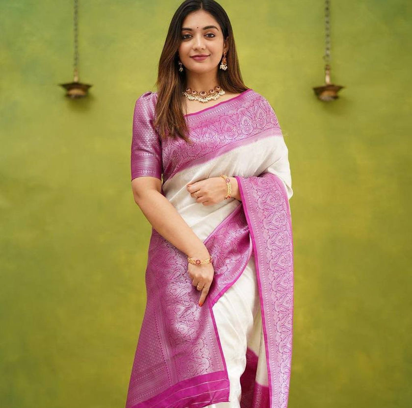 Serendipity White Soft Silk Saree