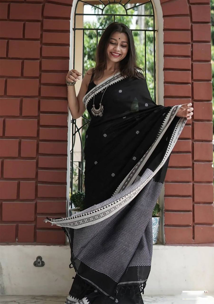 Twirling Black Cotton Silk Saree
