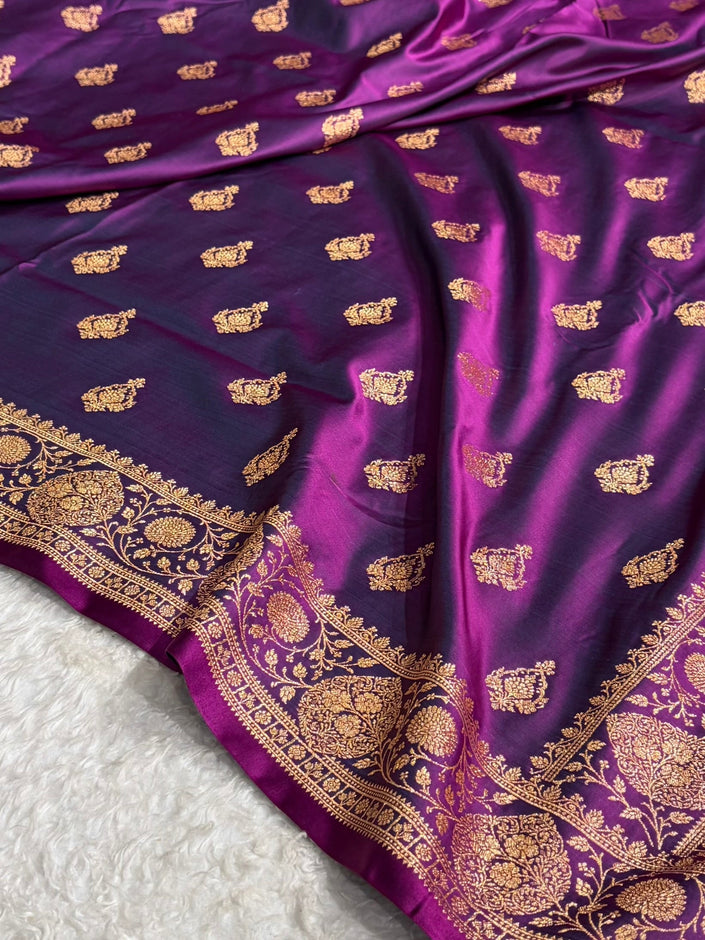 Royal Violet Banarasi Silk Saree with Grand Gold Zari Border & Paisley Buttas