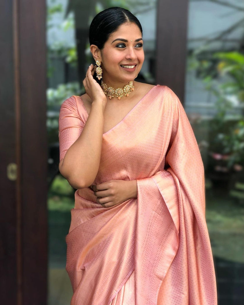 Bindu Peach Soft Banarasi Silk Saree With Blouse Attached - ABHA