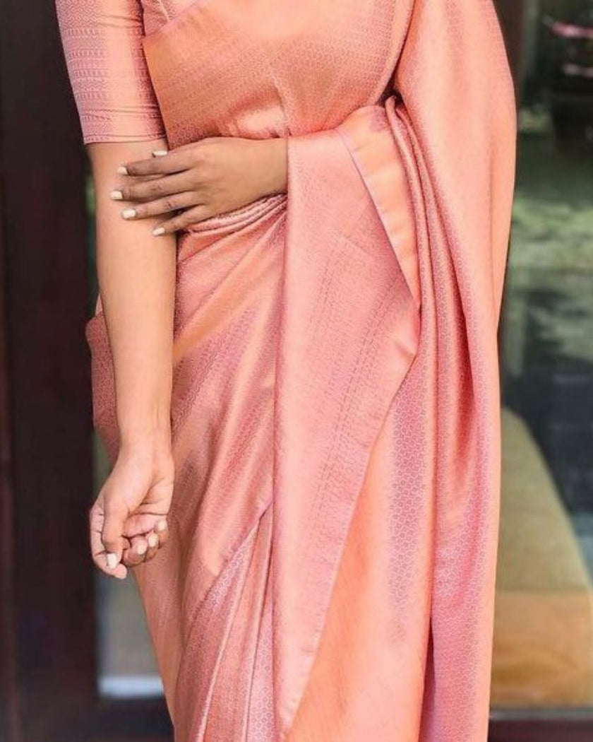 Bindu Peach Soft Banarasi Silk Saree With Blouse Attached - ABHA