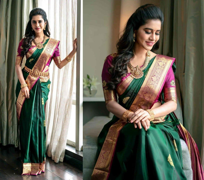 Valiba Attractive Silk Royal Bottle Green Color Jacquard Silk Sarees