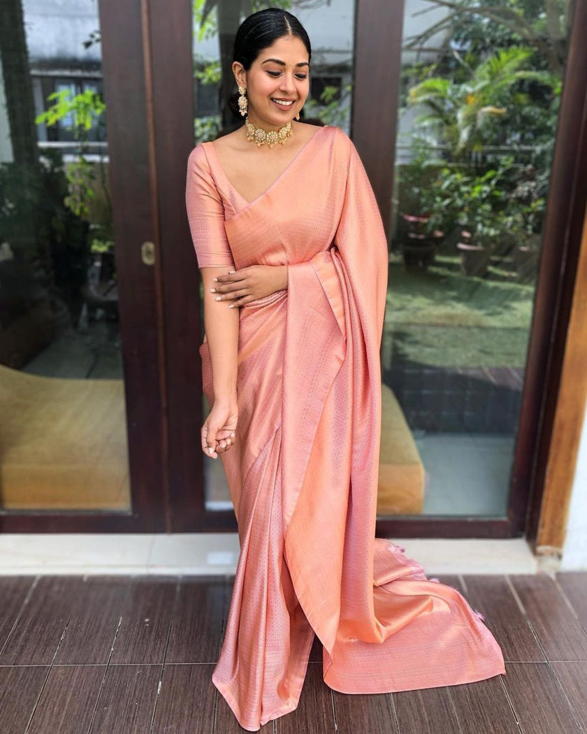 Bindu Peach Soft Banarasi Silk Saree With Blouse Attached - ABHA