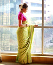 Lime Green Soft Silk Saree With Pink Border And Zari Pallu