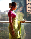 Lime Green Soft Silk Saree With Pink Border And Zari Pallu