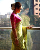 Lime Green Soft Silk Saree With Pink Border And Zari Pallu