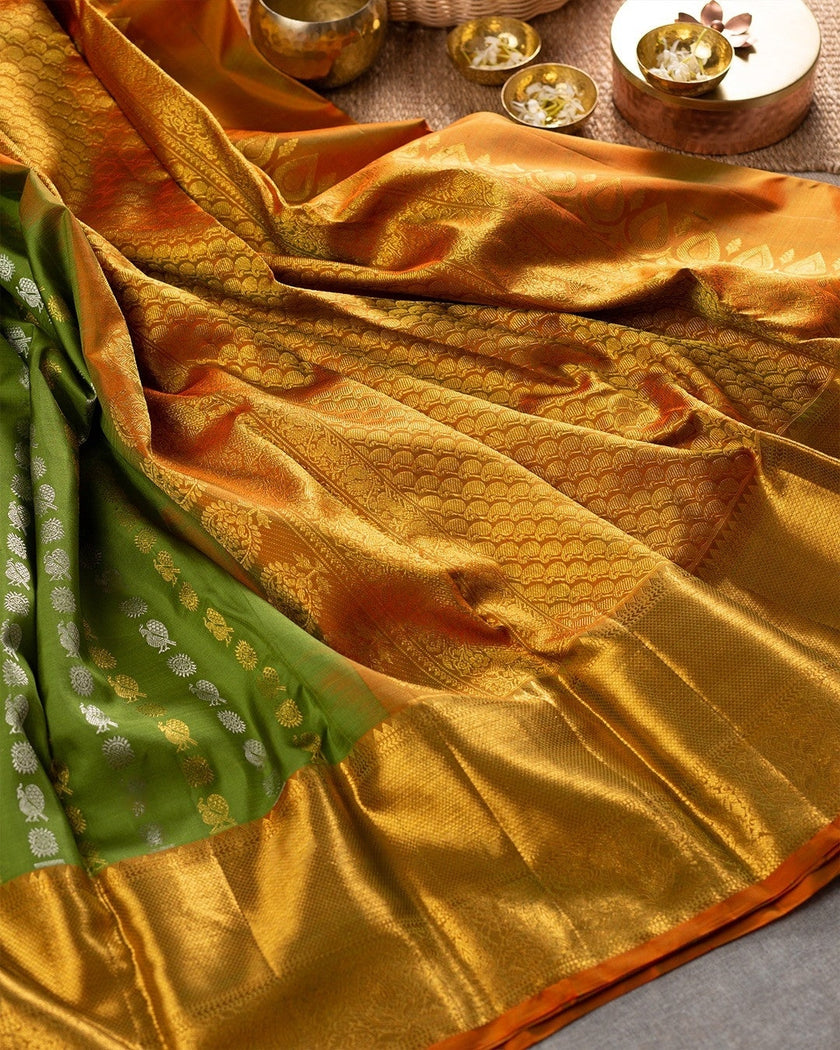 Green Golden Luxurious Soft Banarasi Silk Saree
