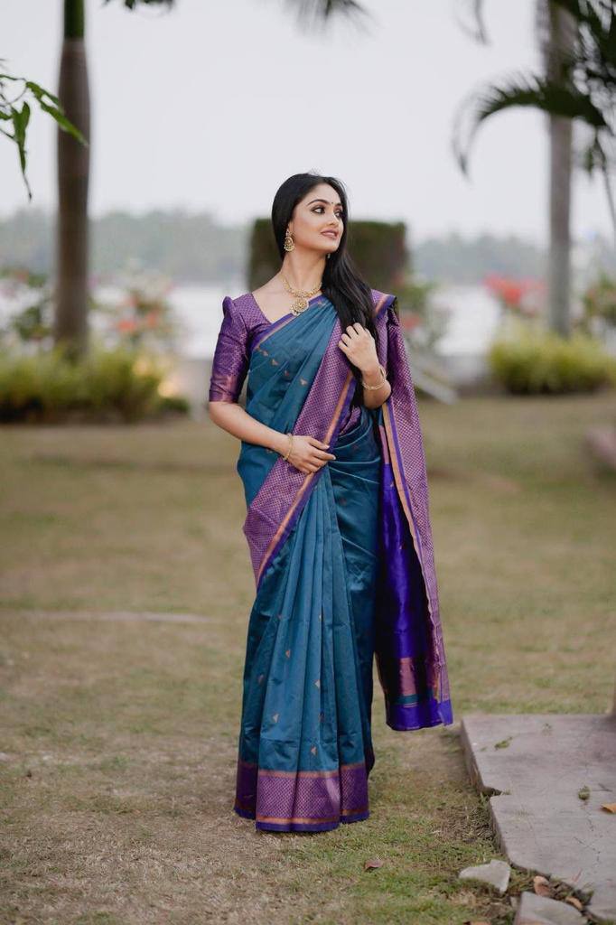 Blue Soft Lichi Silk Jacquard Work Saree