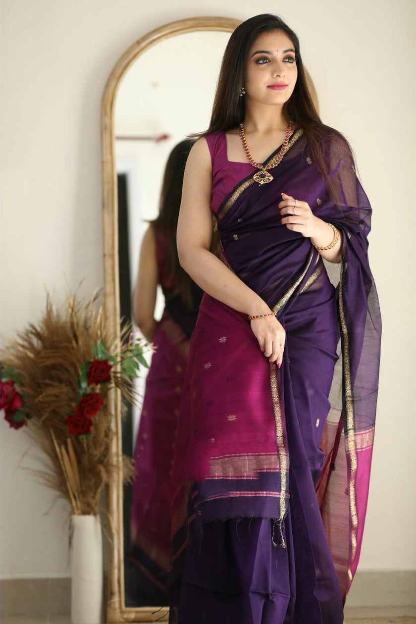 Luxuriant Purple Cotton Silk Saree