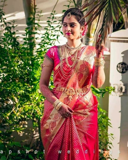 Bright Pink Soft Lichi Silk Saree