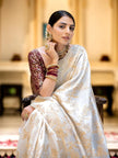 Hema White Banarasi Silk Saree WIth Fabulouse Blouse Piece