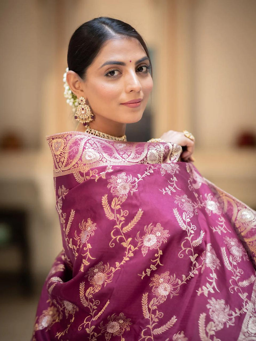 Hema Wine Banarasi Silk Saree WIth Fabulouse Blouse Piece