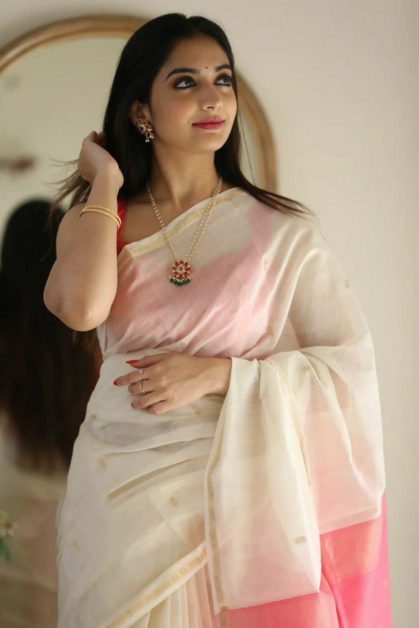 Off White Jacquard Soft Silk Saree