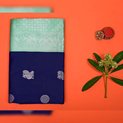 Valiba Kanchi expo Navy Blue Colored Saree With Firozi Pallu Banarasi Sari