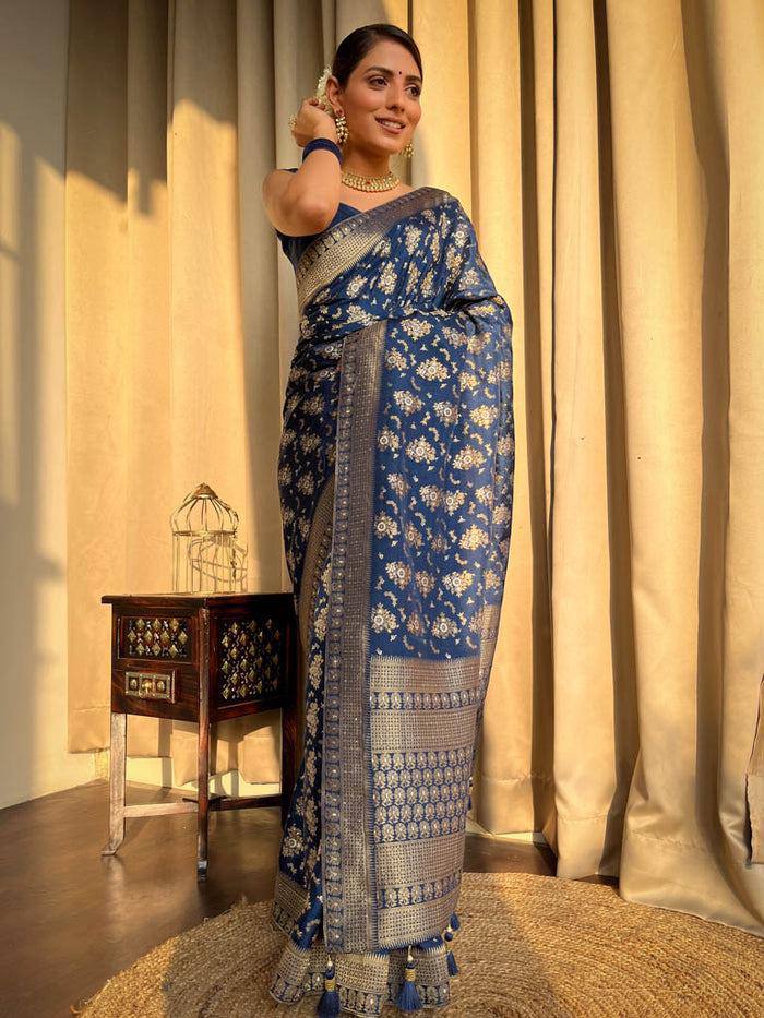 Blue Colour Pure Soft Silk Saree With Twirling Blouse Piece