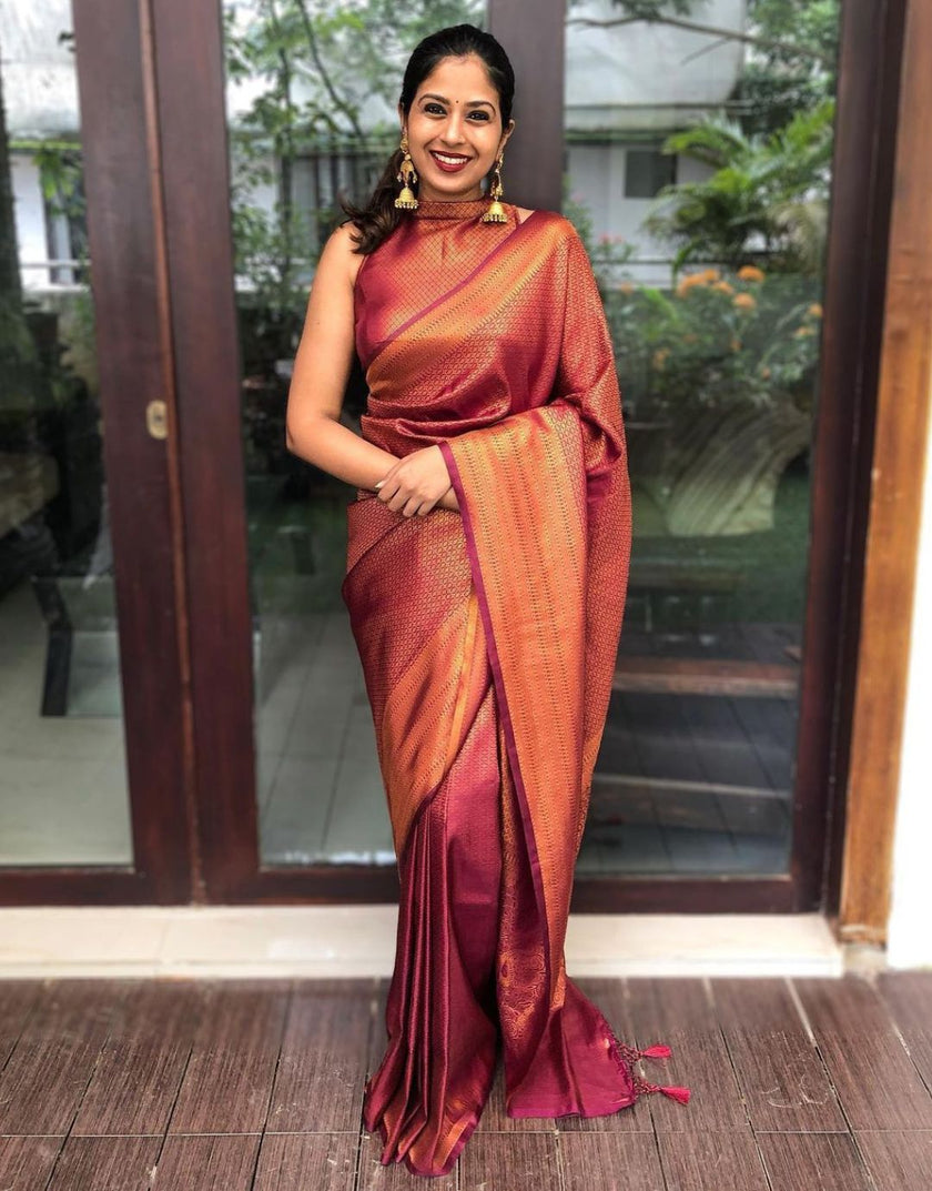 Bindu WIne Soft Banarasi SIlk Saree With Blouse Attached - ABHA
