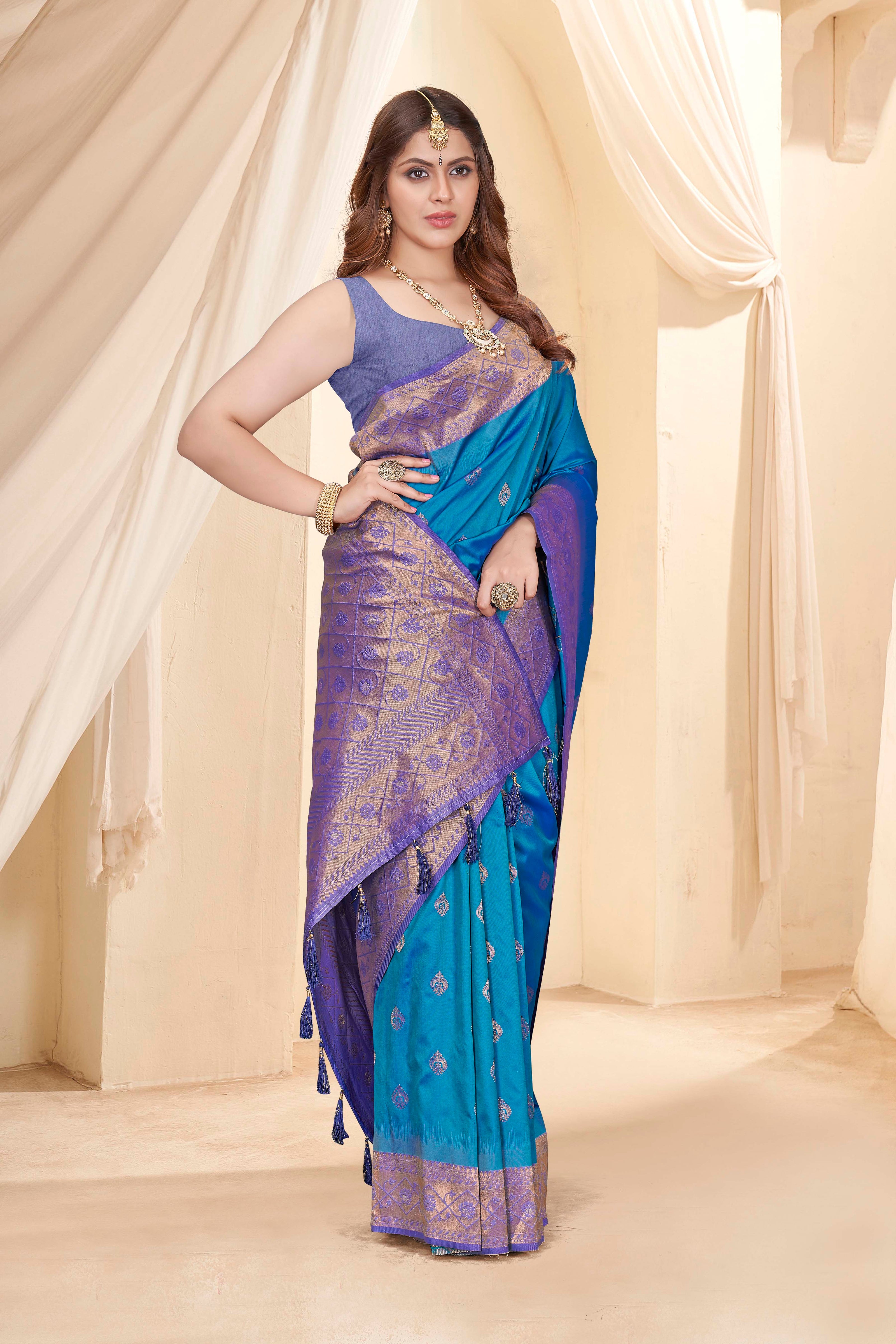 Rama Blue Soft Silk Floral Border Contrast Zari Woven Saree