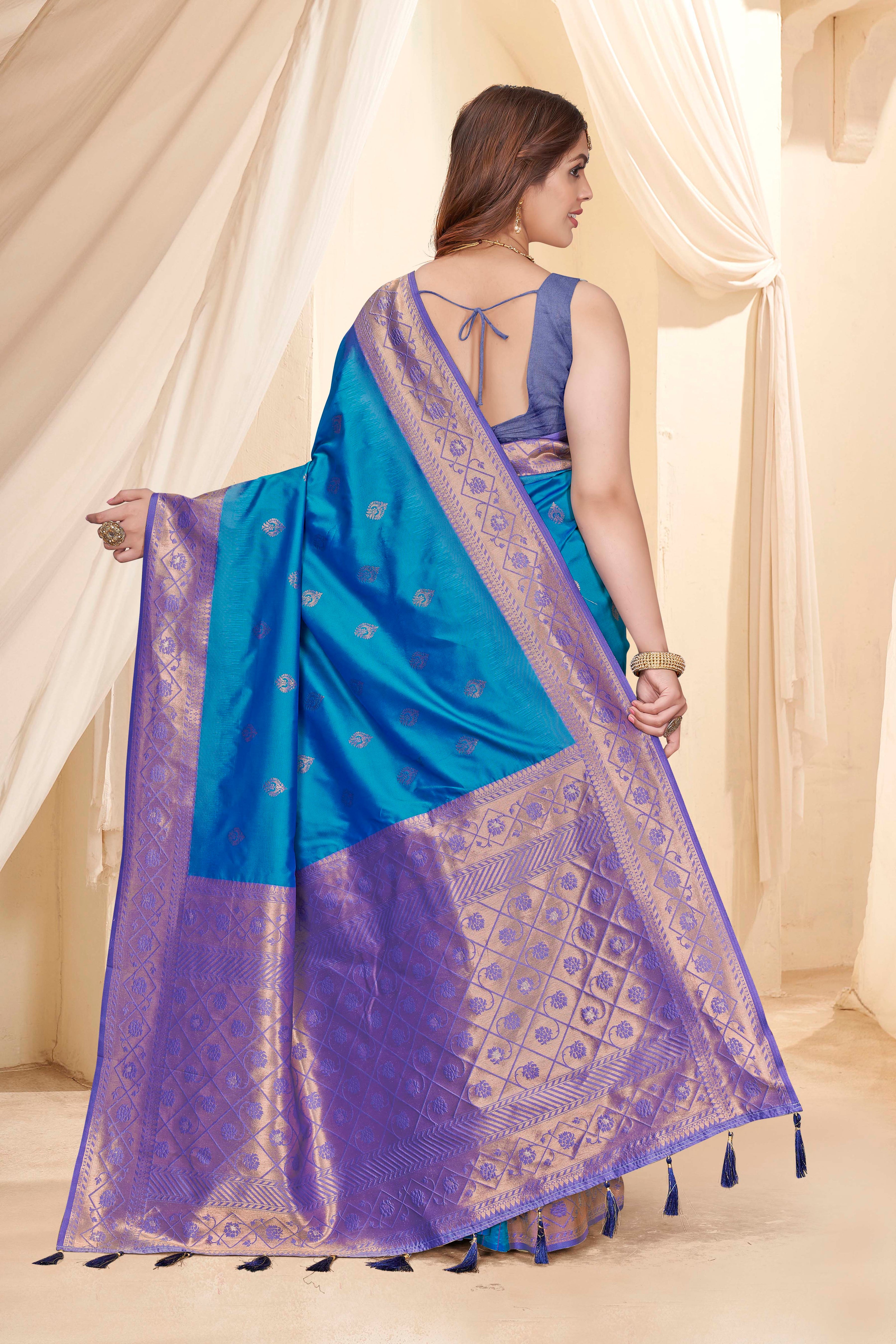 Rama Blue Soft Silk Floral Border Contrast Zari Woven Saree