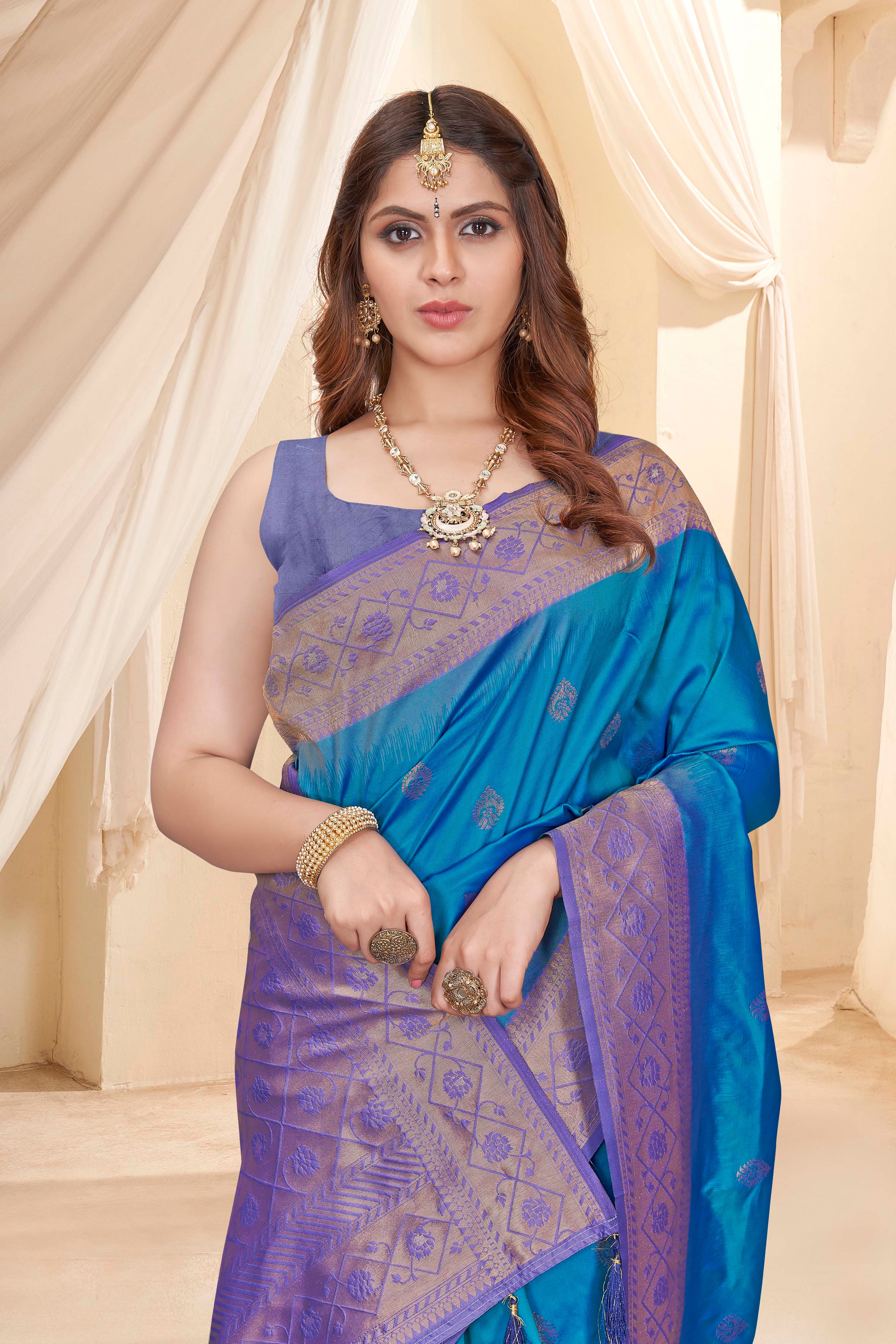 Rama Blue Soft Silk Floral Border Contrast Zari Woven Saree