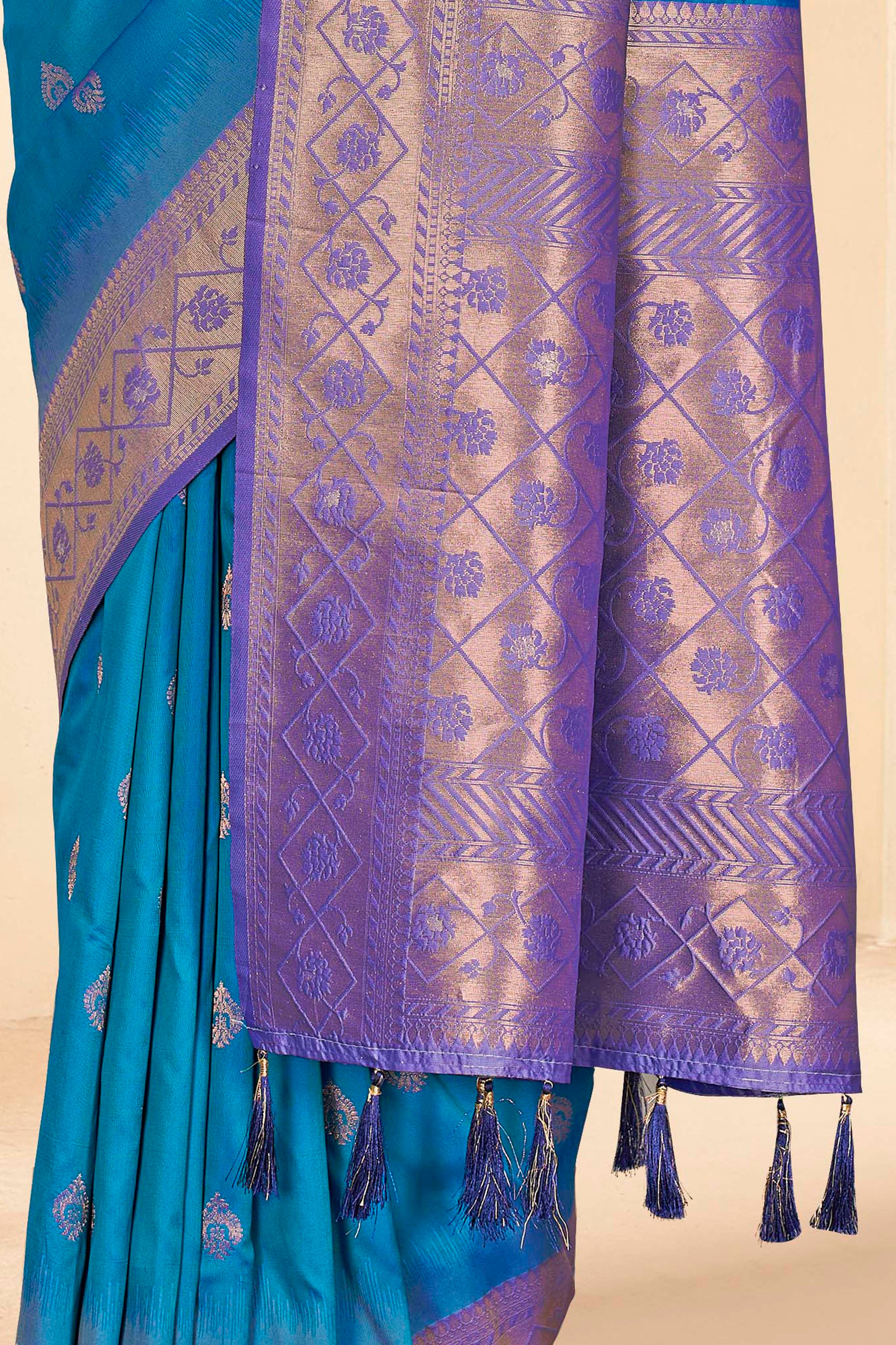 Rama Blue Soft Silk Floral Border Contrast Zari Woven Saree