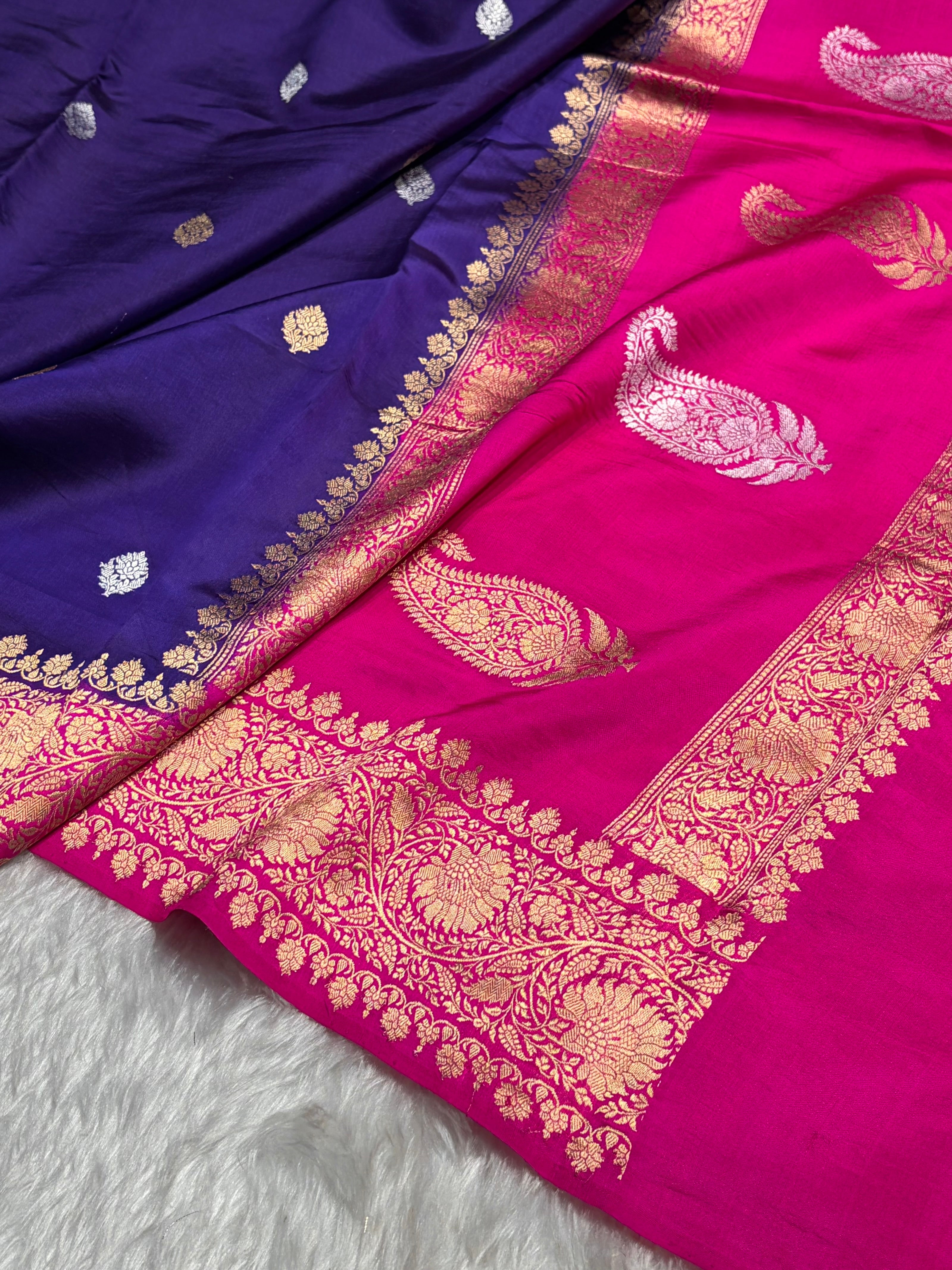 Royal Purple & Rani Pink Contrast Banarasi Silk Saree with Grand Gold Zari Border