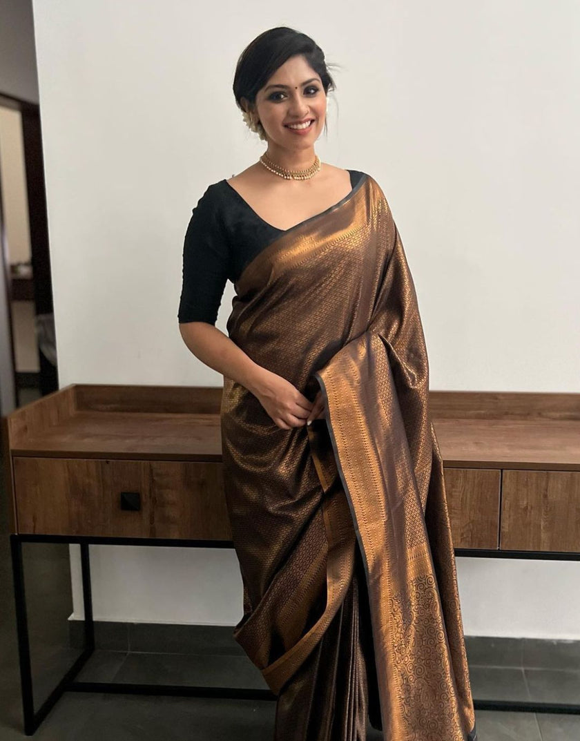 Black Golden Butti Soft Banarasi Silk Saree With Attached Blouse - ABHA