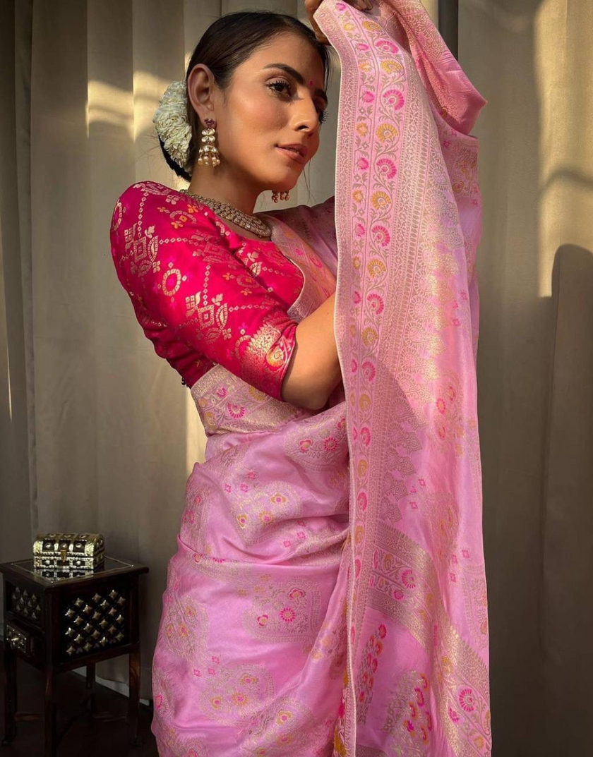 Tisha pink Soft Banarasi Saree With Attached Blouse
