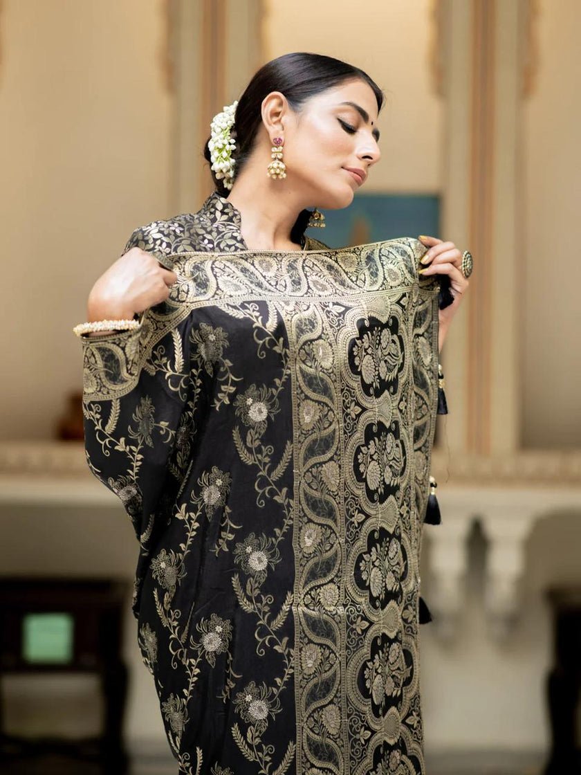 Hema Black Banarasi Silk Saree WIth Fabulouse Blouse Piece