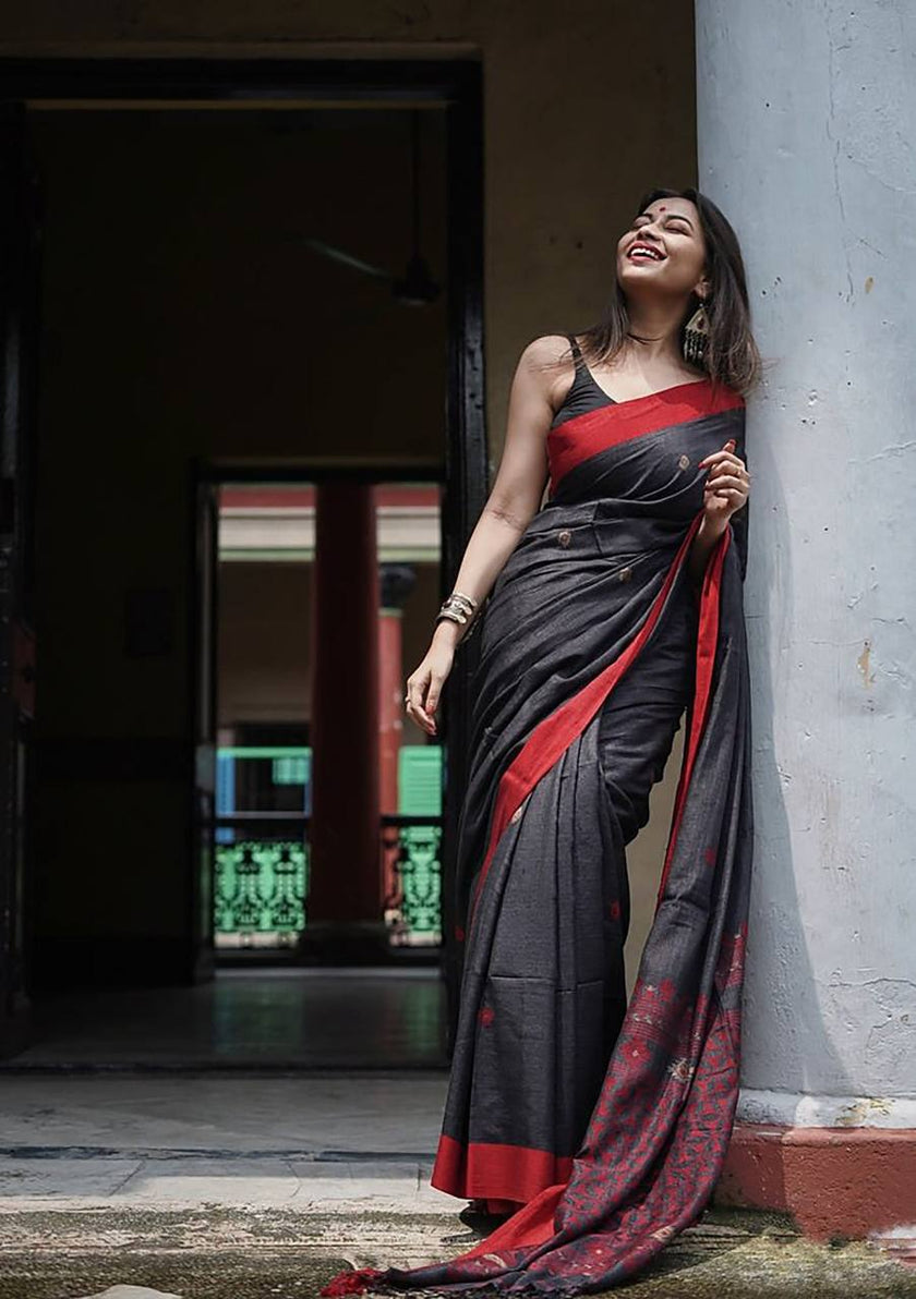 Vindhya Black With Red Border Soft Saree