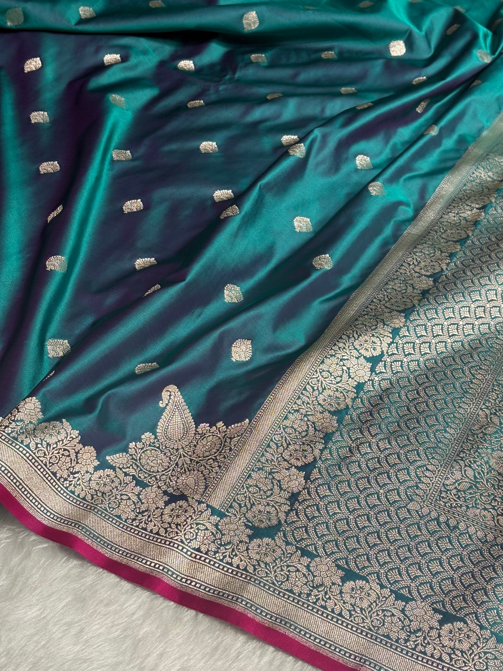 Peacock Teal Banarasi Silk Saree with Silver Zari Border & Contrast Magenta Accent