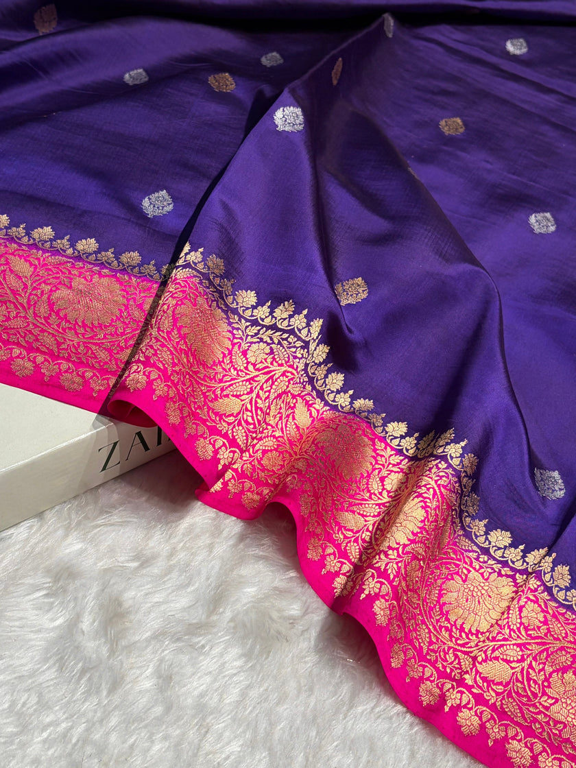 Royal Purple & Rani Pink Contrast Banarasi Silk Saree with Grand Gold Zari Border