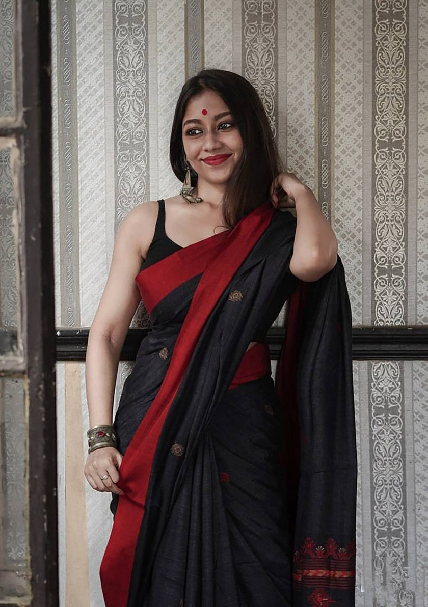 Vindhya Black With Red Border Soft Saree