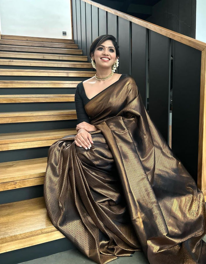 Black Golden Butti Soft Banarasi Silk Saree With Attached Blouse - ABHA