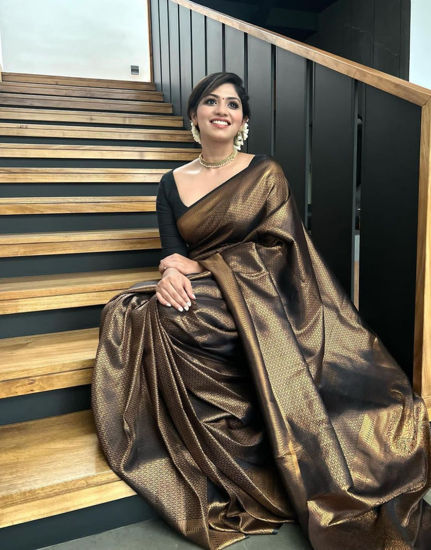 Black Golden Butti Soft Banarasi Silk Saree With Attached Blouse - ABHA