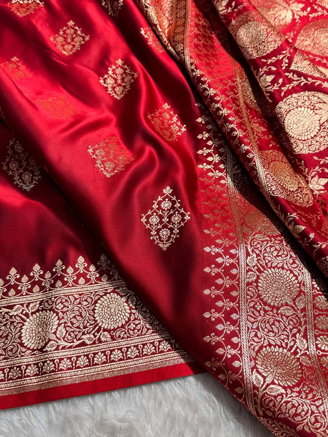 Classic Red Banarasi Silk Saree with Pure Golden Zari Buta & Floral Border