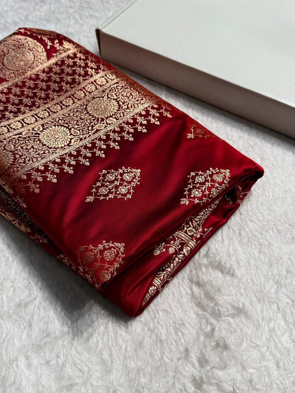 Classic Red Banarasi Silk Saree with Pure Golden Zari Buta & Floral Border