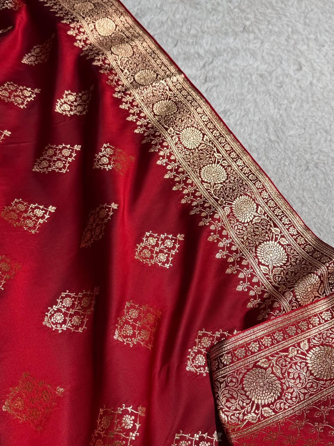 Classic Red Banarasi Silk Saree with Pure Golden Zari Buta & Floral Border