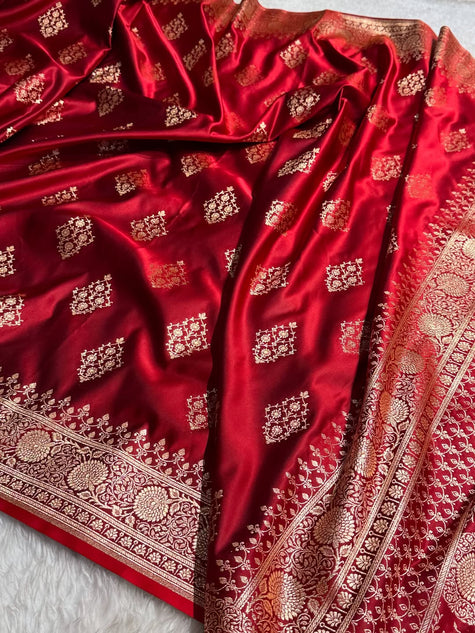 Classic Red Banarasi Silk Saree with Pure Golden Zari Buta & Floral Border